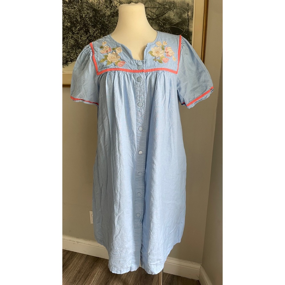 Go Softly Patio Womens Blue Cotton Floral Embroidered Button Front House Dress M